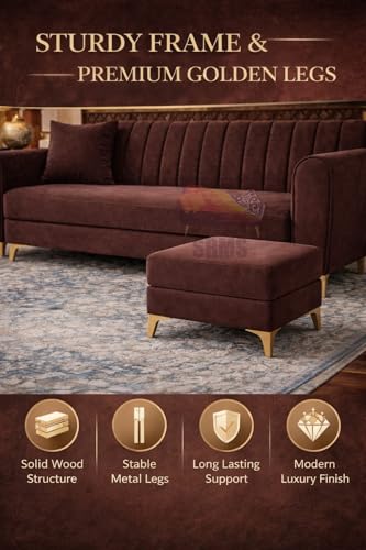 Image of SRMS Golden Legs 4 Seater L Shape Velvet Fabric Sofa Set with Four Cushions | Perfect for Home Office Guests Living Room | Sofa Set for living Room | 74 x 32 x 30 inches | Maroon