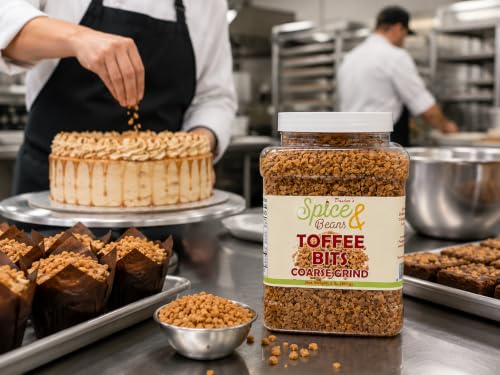 Image of Toffee Bits Coarse Grind 2 lb | Buttery Almond Toffee Topping | Cookies, Brownies, Cakes, Ice Cream & Desserts | Resealable Container | Dasher's Spice & Beans
