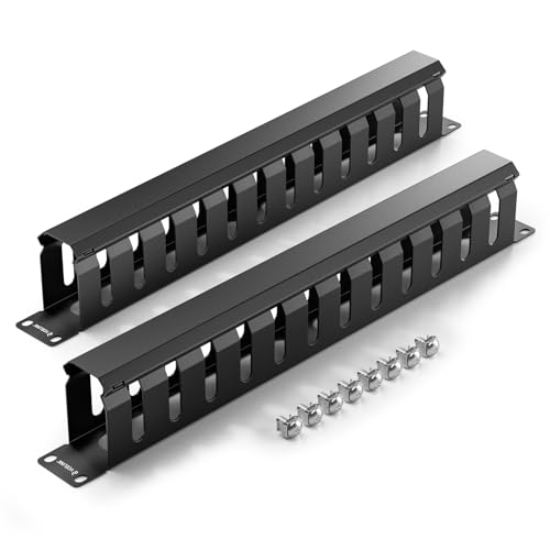 VCELINK 1U Server Rack Cable Management 12-Slot 19 Carbon Steel Horizontal Network Cable Management for Network Cabinet All Metal Black 2-Pack