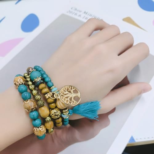 4 Pcs Bohemian Stackable Bracelets for Women Men Set Stretch Multilayer Stack Beads Colorful Beaded Charm Tree of Life Handmade Tassels Jewelry Hippie Bracelet Dainty Best Friends Gift2