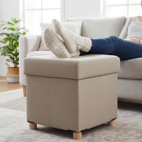 Tabouret de rangement en lin beige Relaxdays aux finitions bois