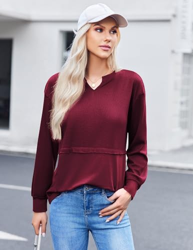 Women Waffle Knit Tops Fall V Neck Tunic Fashion Splicing Blouses Solid Color Long Sleeves Tops4