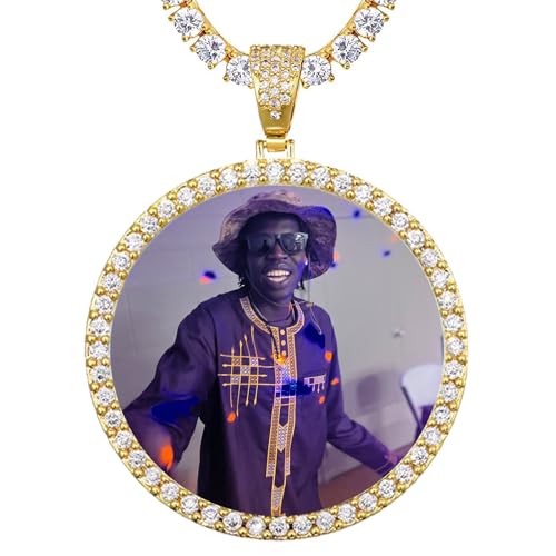 Hiyong Custom Photo Necklace for Men Women Gold Plated Big Circle Chain Necklace for Hip Hop Jewelry