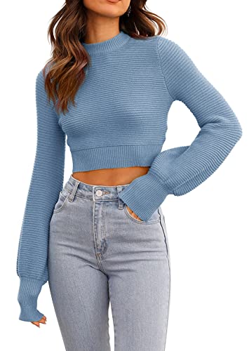 Image of Womens Sexy Crew Neck Cropped Sweaters Knit Long Sleeve Crop Tops Pullover