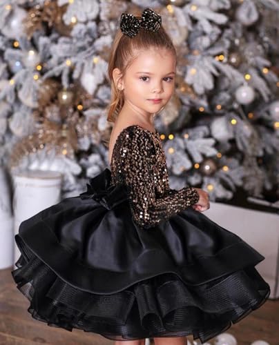 Short Mini Girl Pageant Dresses with Sequins Long Sleeve V-Neck Flower Girl Gowns2