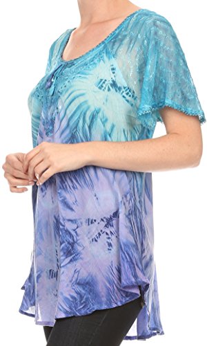 Image of Sakkas Taylay Ombre Tie Dye Batik Long Embroidered Corset Neck Blouse Shirt Top