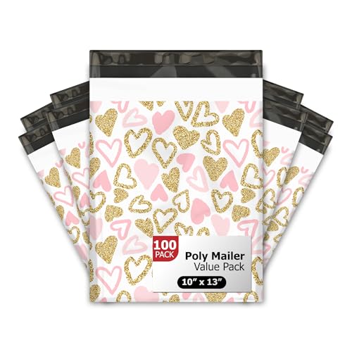 10x13 (100) Pink and Gold Heart Valentine's Day Designer Poly Mailers Waterproof Self Sealing Tear Resistant Polymailers Shipping Envelopes Premium Printed Bags For Small Businesses