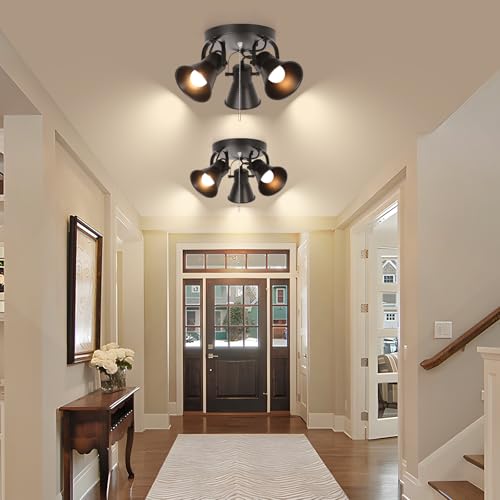 Image of 3-Light Industrial Track Lighting with Pull Chain On /Off Switch, Adjustable Round Kitchen Ceiling Light, Morden Black Flush Mount Directional Light for Kitchen, Hallway, Dining Room, Bathroom