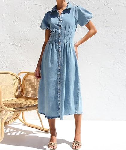 Sexyshine Women's Button Down Denim Long Dress Puff Sleeve Ruched Slim Fit High Waist Lapel Collar Jean Shirt Dress4