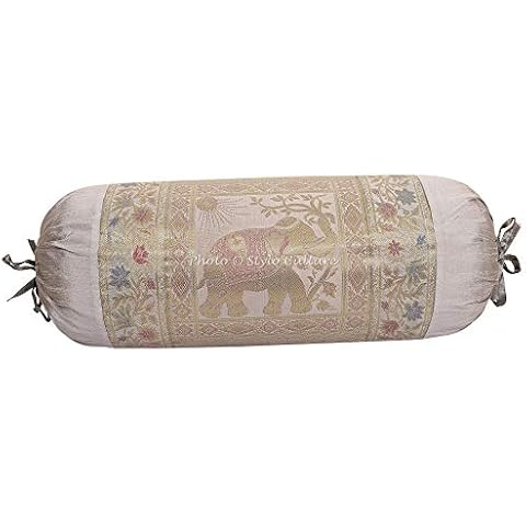 Stylo Culture Indian Polydupion Cylindrical Yoga Bolster Pillow Cover Grey Jacquard Brocade Border Elephant Large Sofa Round Cylinder Cushion Cover (1 Pc) | 30x15 Inches (76x38 cm) Cover
