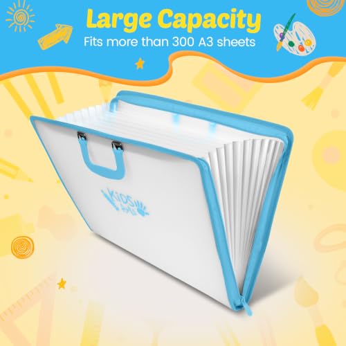 Image of 11x17 Kids Art Portfolio - Accordian File Organizer with 13 Pockets, Art Portfolio for Kids with Handle and Zipper Closure - Oxford Cloth, Frosted Translucent Artwork Folder for Children - Blue