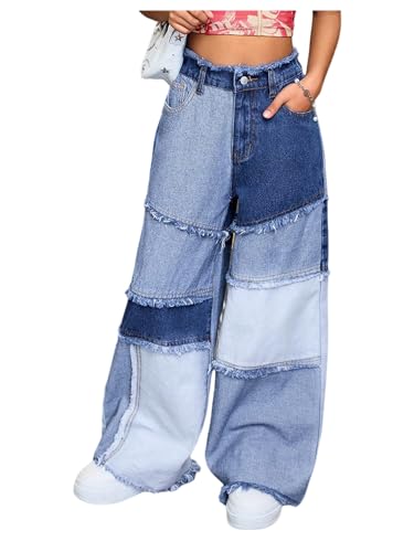 WDIRARA Girl's Color Block Wide Leg Jeans Raw Trim Baggy Denim Pants High Waisted Trousers