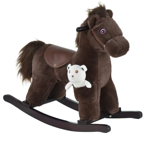 Qaba Kids Rocking Horse with Bear Toy Fun Realistic Sounds Toddler Brown