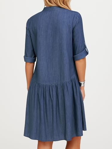 SUNNOW Women's Denim Button Front Mini Shirtdress Vintage Style Relaxed Fit Long Sleeve Dress3