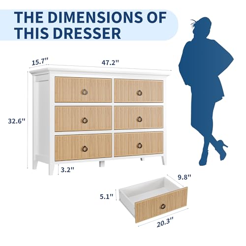 GAOMON 6 Drawer Dressers for Bedroom, Modern Long Dresser Chest with Large Drawer, Waveform Fluted Panel Design, Wooden Chest of Dresser Storage Cabinet Organizer, Antique Profile, Anti-Tipping