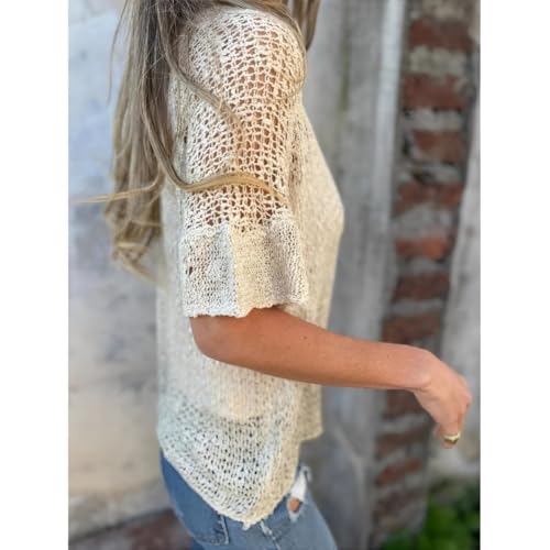 Women's Summer Crochet Cardigan Hollow V-Neck Loose Fit Open Front Short Sleeve Lightweight Single Button Sweater4
