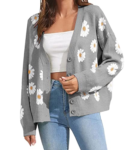Women's Floral Print Cardigan Long Sleeve Open Front Button Down V Neck Knitted Sweaters D-Grey