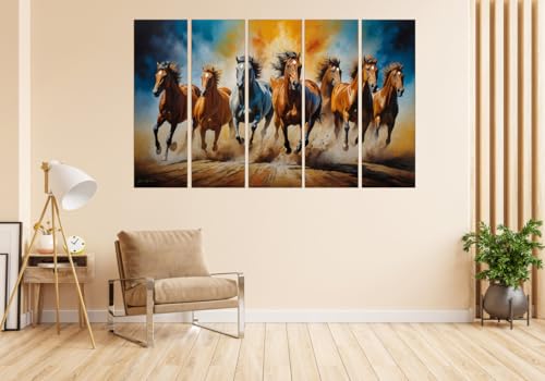Image of KYARA ARTS seven Horses Wall Painting for Living Room Big Size(30inchx48inch) 7 Running Horses Painting Vastu for Bedroom, Office, Hotel - Wall Decor Wooden Framed-Digital Painting