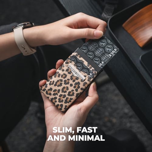 Image of VULKIT Credit Card Holder Minimalist Slim Pop Up Wallet with Leather Slots RFID Blocking for Men and Women Holds 7 Cards and Notes Leopard Chic