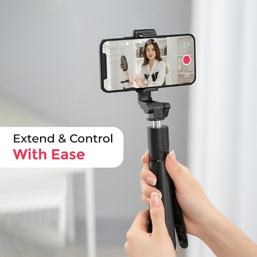 Image of Selfie Stick with Tripod Stand | Bluetooth Extendable 3-in-1 Multifunctional 4 feet Selfie Stick for Compatible iPhone, Mi, OnePlus, Samsung, Oppo, Vivo & All Smartphones with Remote