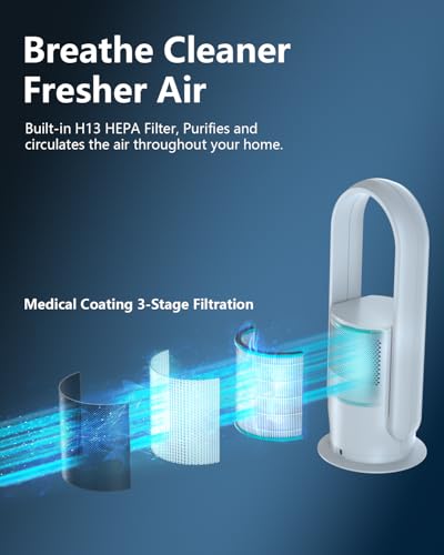Image of ULTTY Bladeless Tower Fan and Air Purifier Combo, Quiet Oscillating Fan with Remote & Touch Control, 9 Speeds, 8H Timer, HEPA Air Filter, Safe Floor Fan for Bedroom Home Office White, 23.5 inchinch
