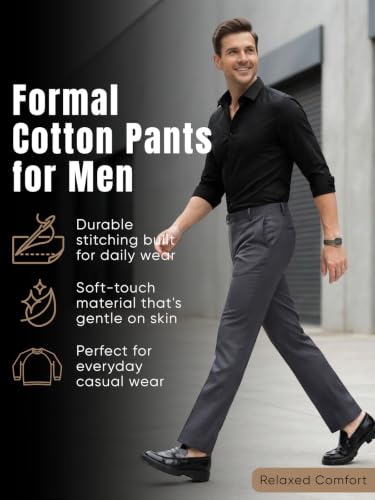 Image of GRECIILOOKS Men's Formal Cotton Blend Trousers, Slim Fit Office Wear Pants with Button Closure, Wrinkle Resistant Smart Casual Workwear Bottoms