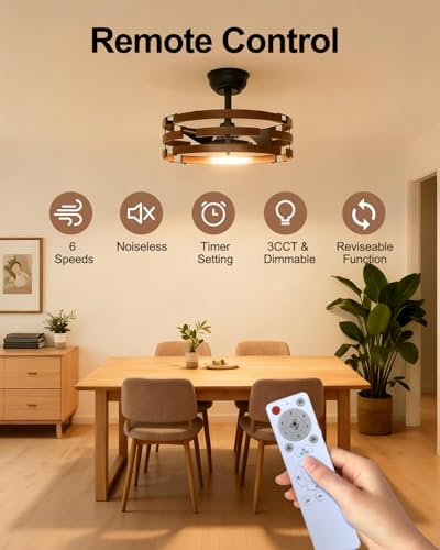 Image of Roomratv Farmhouse Fandelier Ceiling Fan with Lights, 20'' Caged Bladeless Ceiling Fan with Remote, Enclosed Small Fan Light Fixtures for Bedroom Living Room
