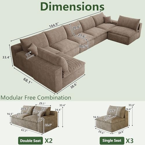 Image of 165 inch Cloud Couch Modular Sectional Sofa for Living Room, U-Shape Boneless Couch with Deep Seat, Modern Corduroy 7-Seater, No Assembly Required, Camel