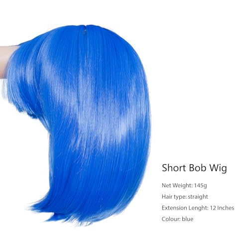 rose bud blue bob wig with fringe 12 inch short straight costume wigs for women cosplay party halloween