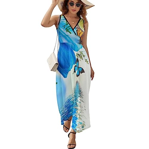 Robe à volants sans manches au motif papillon et col en V