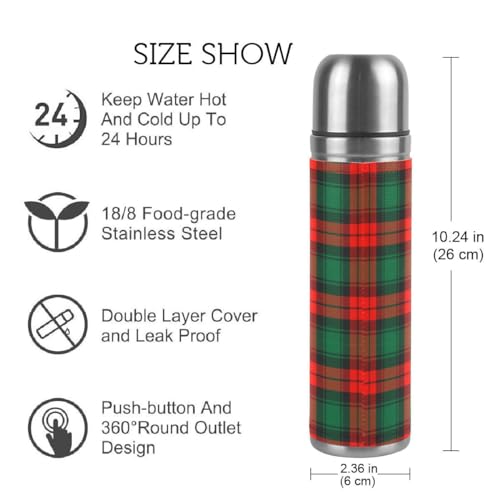 Aslsiy VP-001 Green Red Plaid Vacuum Thermos Happy New Year Insulated Water Bottle Stainless Steel Flask Bottles Travel Coffee Mug Genuine Leather Cover Bpa Free 17 Oz thumb #1