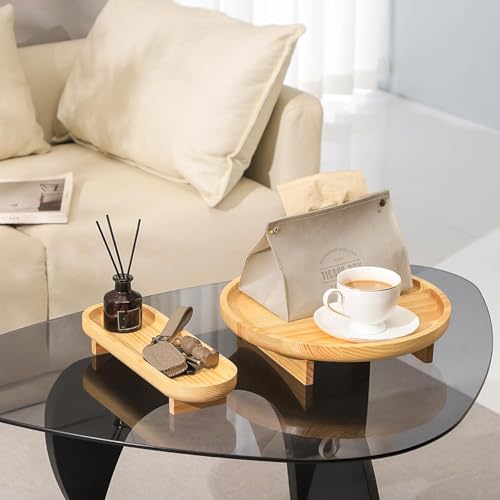 Image of Round Wooden Decorative Tray, 2 Pcs Tray for Coffee Table, Bathroom Vanity Tray, Kitchen Counter Tray, Rustic Wood Tray Decor, Round Serving Tray (Natural)