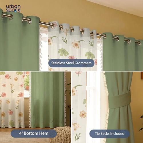 Image of Urban Space Printed 100% Cotton Curtain for Window, Cotton & Sheer Combo Set of 3 Curtains 5 Feet Long, Tieback & Eyelets Included with Curtains for Room Darkening (Mehek Sheer & Aura sage Green)