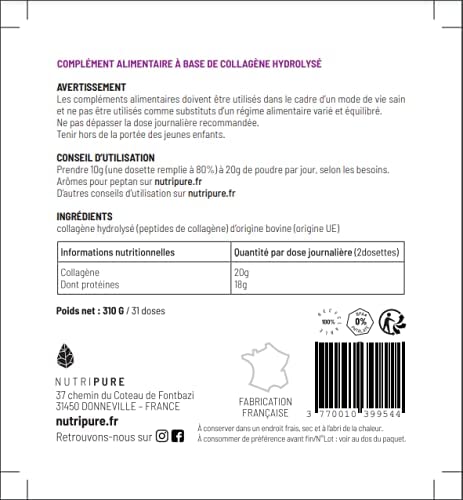 Peptides de Collagène Peptan | Complément Alimentaire Sport | Collagène, Acides Aminés, Protéine | Produit Breveté | Sans OGM ni Additifs | Sachet de 310g | 1 Mois | Made in France | Nutripure – Image 6