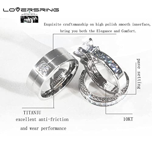 LOVERSRING Couple Ring Bridal Set His Hers White Gold Plated CZ Stainless Steel Wedding Ring Band Set3