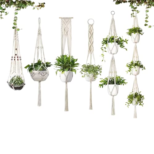 The Top Knott Macrame Cotton Boho Plant Hanger [Without Pot] Rope Flower Pot Holder for Indoor Outdoor Balcony Gardening (Set of 6)