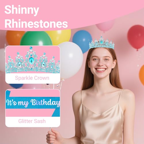 Birthday Tiara and Crown with Sash, Birthday Tiara for Women Party (Blue)
