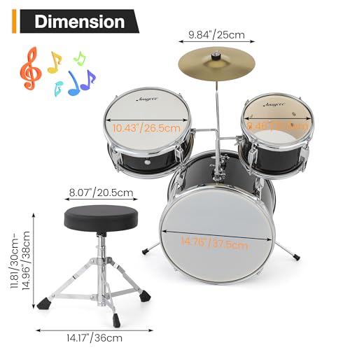 GarveeHome Kids Drum Set, 3 Piece Junior Drum Set with with Cymbal, Tom, Bass Drum, Drumsticks, Bass Pedal and Drum Stool, Beginner Musical Instruments for Kids Boys and Girls, Black by GarveeHome - Image 3