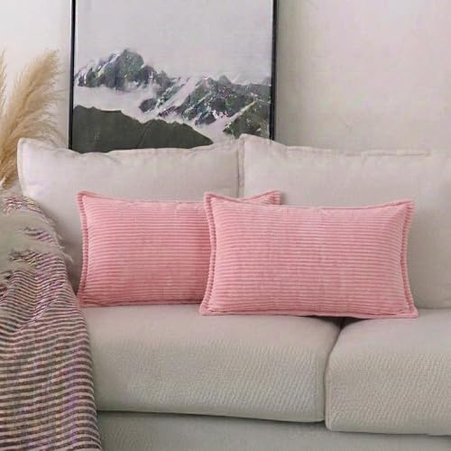 Image of RD TREND Corduroy Cushion Cover Set of 2, Striped Double Sided Decorative Throw Pillowcases for Sofa, Bed & Living Room Rectangular Long Cushion Covers 18x28 inches | Peach