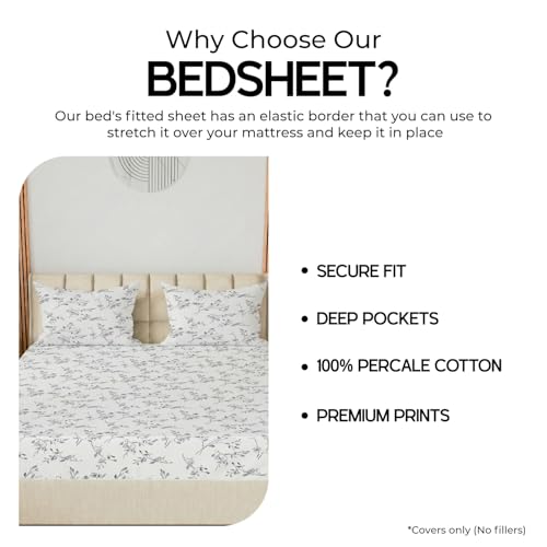Image of LINENWALAS 100% Cotton Elastic Fitted Bed Sheet for Double Size Bed | Fits 6-12 Inch Mattress | Soft Breathable, OEKO-TEX Certified Premium Bedsheet with 2 Pillow Cover (72x72 Inches, Grey Monochrome)
