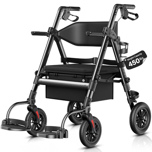 StrollAid Walkers for Seniors 2 in 1 Wheelchair Combo, 450 lb Foldable Rollator Transport Chair with Seat, Heavy Duty Rolling Walker 10" Wheels for All Terrain, Black