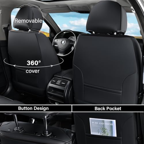 Image of Coverado Car Seat Covers Full Set, 5 Piece Car Seat Protector with Lumbar Support & Removable Headrest, Breathable Leather Front Rear Seat Cushion Universal Fit for Truck Automotive Black & Blue