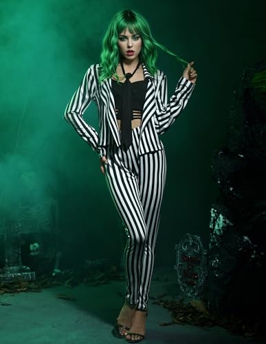 Womens Halloween Casual Beetlejuuie Blazer Vertical Striped Black White Creepy Open Front Costume Set 6 Piece XL