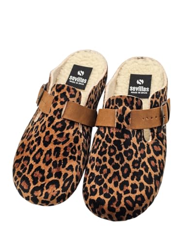 Sevillas Zuecos Estampado Leopardo, Tallas 35-41 (Sistema Tallas Calzado EU, Adulto, Mujer, Números, Mediano, 39)