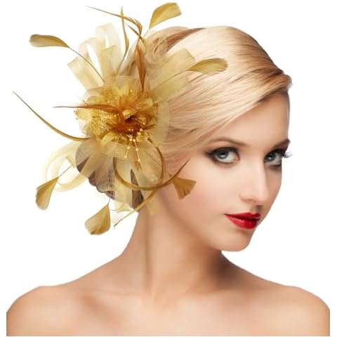 dressfan Fascinator Hat Headpiece Womens Vintage Wedding Mesh Feather Hair Clip,20s 50s Headband Hair Accessories Headwear for Kentucky Derby/Wedding/Cocktail/Tea Party,Gold Cover