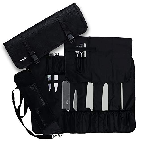 Luxira Knife Roll Bag With 16 slots for Knives Utensils AND Mesh zipper holder for Meat Cleaver Multi-function Knife Carrier Storage Case with Detachable Shoulder strap Bag only