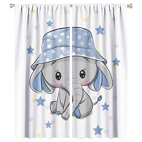 Image of Denruny Cartoon Cute Elephant Curtain Nursery Baby Elephant with Blue Hat Blackout Curtains for Bedroom,Windows Drapes Thermal Insulated Room Darkening Curtains 2 Panels 21W x 54L