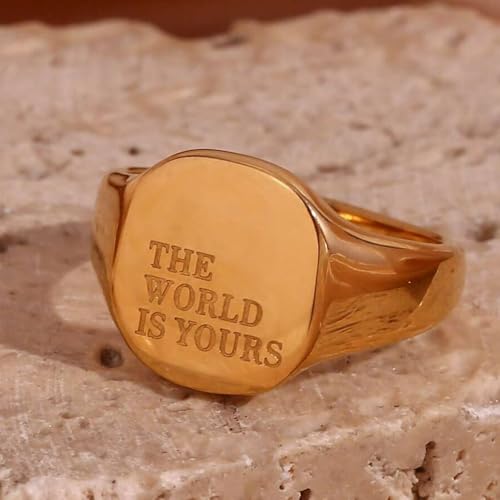 Chunky Gold Rings For Women, The World Is Yours Lettering Stainless Steel Engraving Non Tarnish Stackable Engagement Statement Trendy Birthday Jewelry Gift3