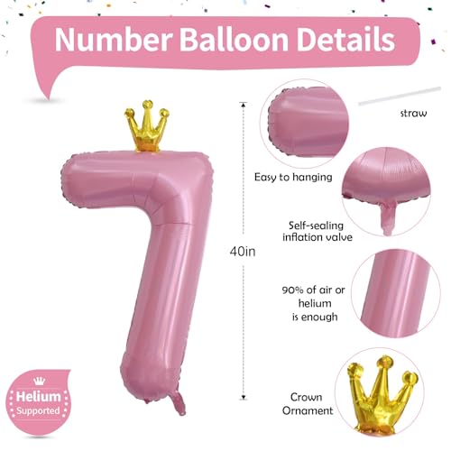 Image of Pastel Pink Crown Number 7 Balloon, 40 Inch Light Pink Number 0-9 Set for Women 70th Birthday, Foil Self Inflating Large Balloons for Girls 7th Birtyday Party Decor Anniversary Graduation for Supplies