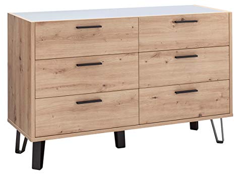 Meubletmoi Commode 6 tiroirs décor chêne Clair et Gris Clair laqué - Pieds métal Noir - Milos
